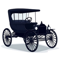 Classic black antique automobile, detailed illustration against a white background. The car features a dark, closed top design, large spoked wheels, and visible headlights. 