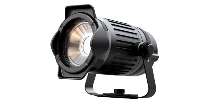 Close up of a black stage light with a bright bulb isolated on transparent background	