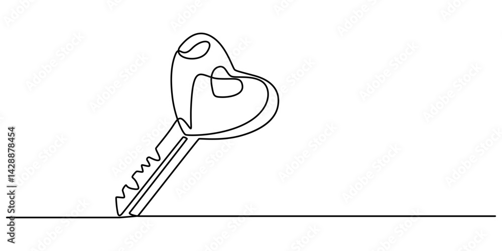 Poster key to love web banner with continuous line icon, love keys black stroke linear icon, continuous one