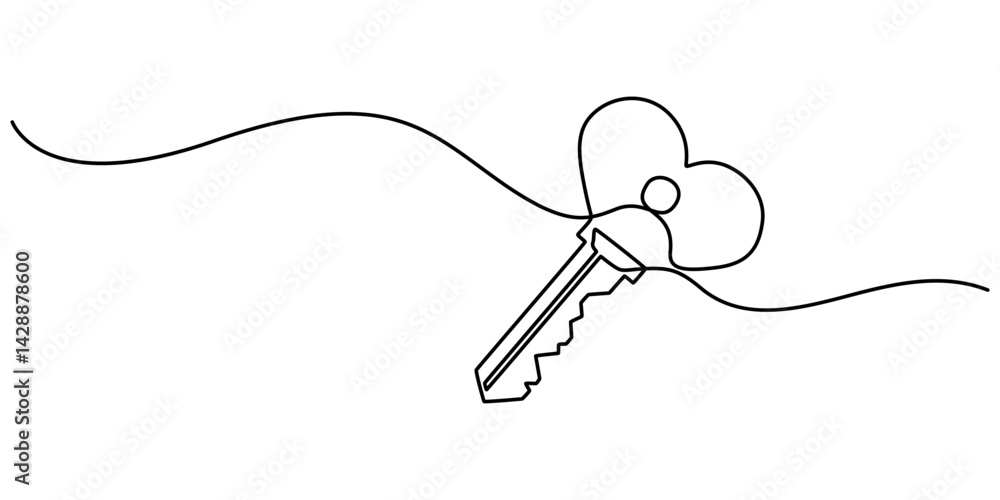Poster key to love web banner with continuous line icon, love keys black stroke linear icon, continuous one