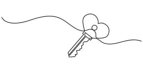 Key to Love Web Banner with Continuous Line Icon, Love Keys Black Stroke Linear Icon, Continuous one line drawing of a heart shaped lock and key. Vector illustration, Key with heart in single minimal.