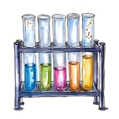 Watercolor illustration of six test tubes in a metal rack, filled with colorful liquids. The liquids range in color from blue and green to pink and yellow, with some tubes containing small particles
