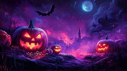 Playful Halloween scene with cartoon pumpkins, flying bats, and candy in vibrant purple landscape 