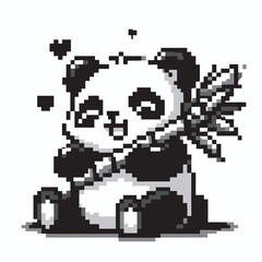 Obraz premium Cute Panda with Bamboo in Pixel Art Style Charming Black and White Illustration