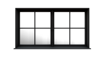 A black framed window with eight panes against a dark background space isolated on transparent background	