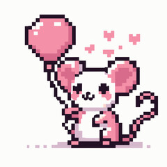 Fototapeta premium Pixel Art Mouse Holding Pink Balloon with Heart Accents in Cute Style
