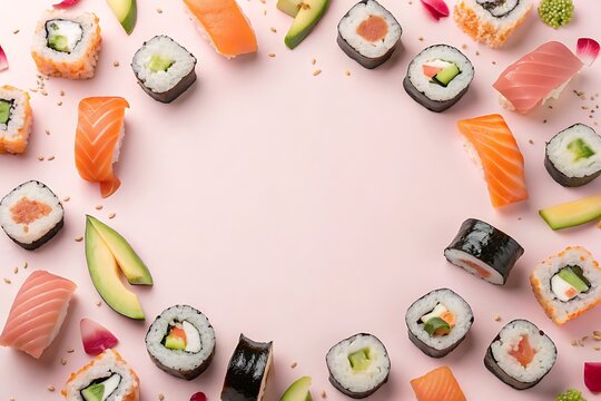 Elegant sushi arrangement on pink backdrop creating a stylish food frame