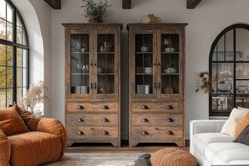 Realistic mockup of two tall dressers with rustic grey wood finish, 4 drawers and glass doors, in a living room setting with natural lighting.