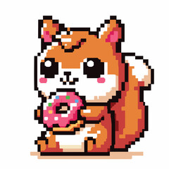 Obraz premium Pixel Art Squirrel with Donut - Cute Retro Gaming Style Illustration