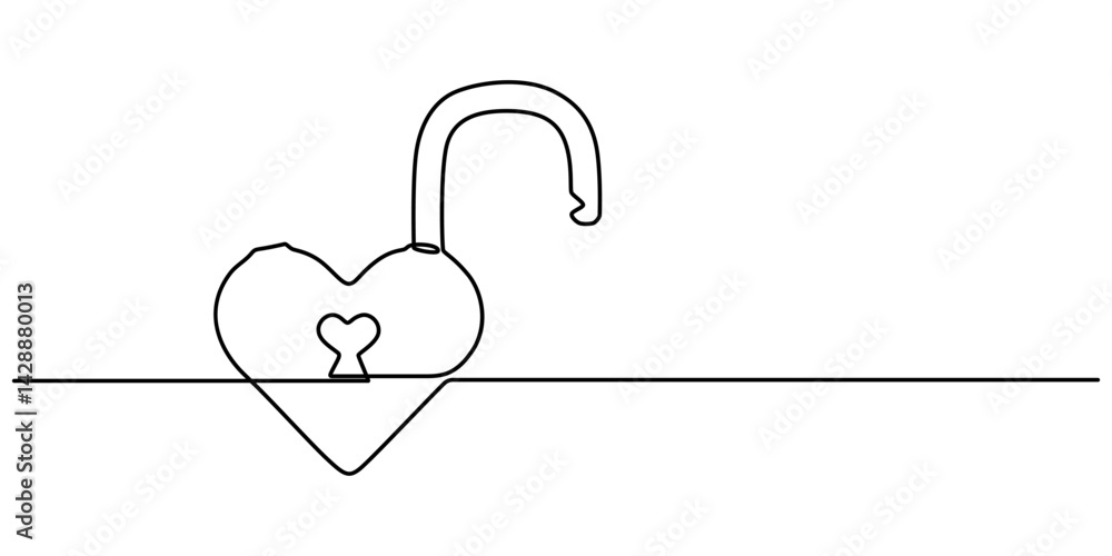 Poster continuous line drawing heart shaped lock. love concept. vector illustration, lock continuous one li