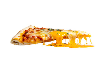 Template with delicious tasty slice of pepperoni pizza flying on white background. Generative AI