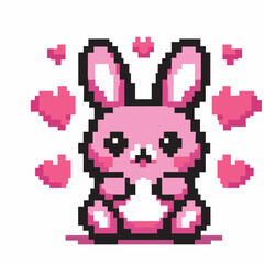 Obraz premium Cute Pink Bunny with Hearts Pixel Art Illustration