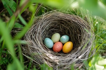 Bird's nest with colorful speckled eggs nestled among lush green grass and foliage