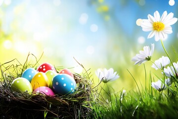 Festive nest with colorful spotted eggs surrounded by daisies in a bright field