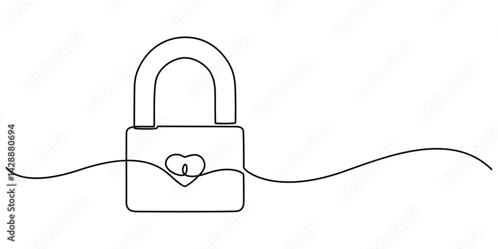 Poster continuous line drawing heart shaped lock. love concept. vector illustration, lock continuous one li