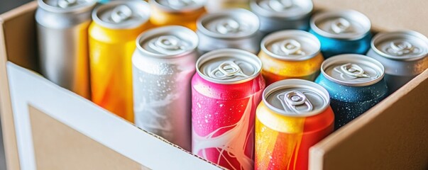 Colorful beverage cans are packed in a box Variety of aluminum drink containers