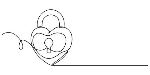 Continuous line drawing heart shaped lock. Love concept. Vector illustration, lock continuous one line drawing minimalist single line art, padlock with key hole. Padlock shaped love line art vector. 