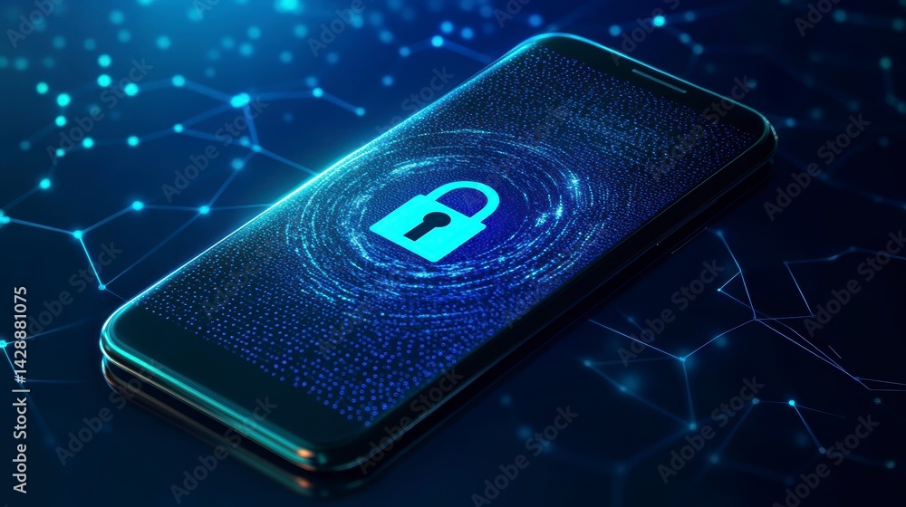 Poster smartphone displaying a digital padlock, symbolizing mobile security and data protection.
