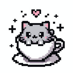 Fototapeta premium Cute Pixel Art Cat in a Teacup with Heart and Stars