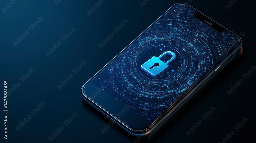 Poster smartphone displaying a digital lock icon, symbolizing mobile security and data protection.