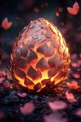 Glowing textured egg nestled among fallen petals in a softly lit woodland setting