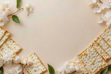 Matzah crackers and white blossoms against a pale background create an elegant frame