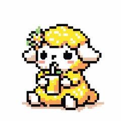 Fototapeta premium Adorable Pixel Art Sheep Sipping Juice Cute Retro Vibes