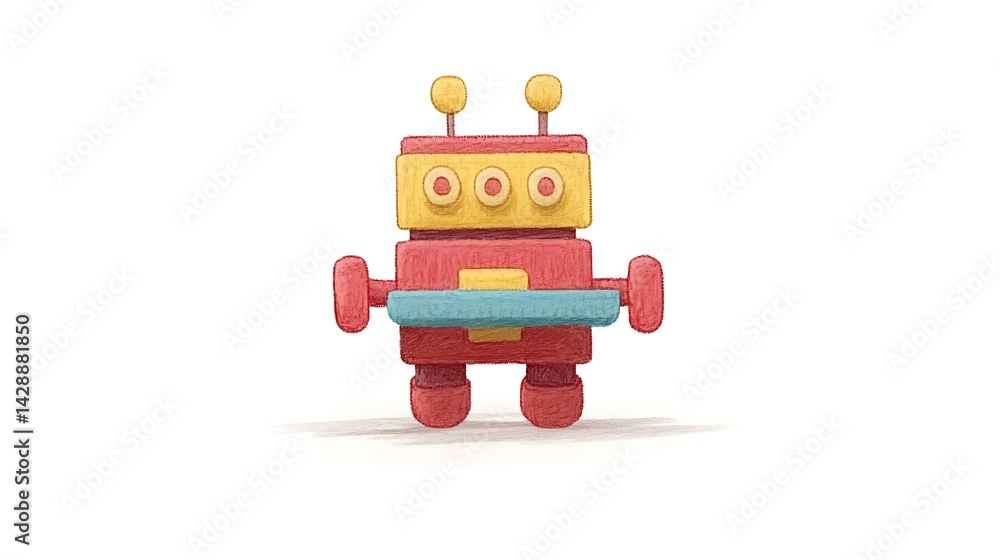 Poster friendly red and yellow robot toy with teal accents against a white background, digitally rendered i