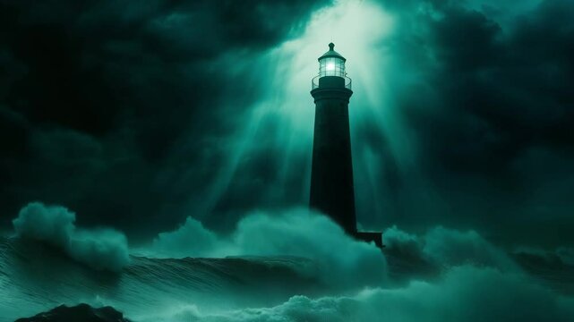 A lighthouse stands tall amidst a stormy night, with dark clouds and formidable waves around it, highlighting its resilience against nature