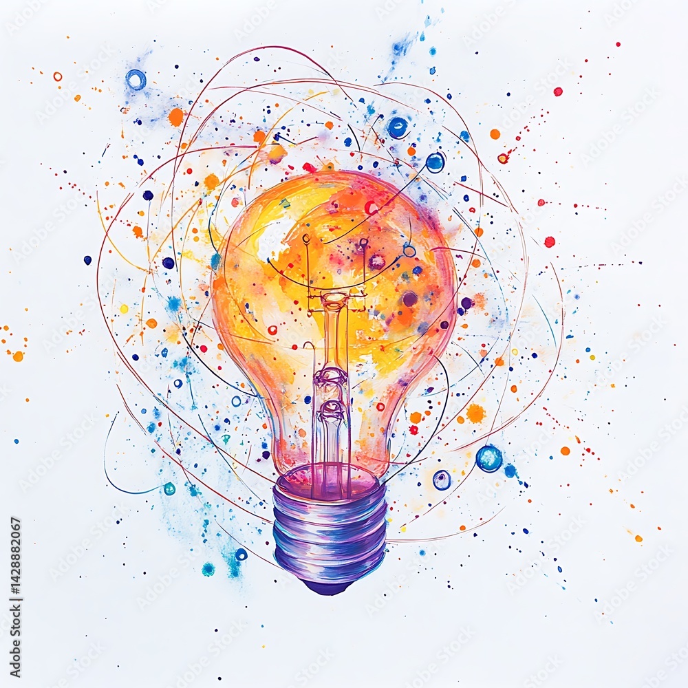 Poster watercolor painting of a glowing lightbulb with vibrant color splashes and swirling lines on a white