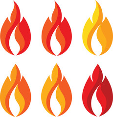 A vector set of hot fire flame icons features burning orange symbols for design and illustration of heat, danger, and power