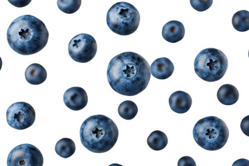 A vibrant arrangement of blueberries scattered against a black background, showcasing their rich color and texture.