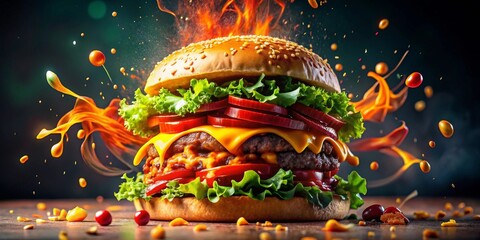 A succulent double cheeseburger, ablaze with fiery sauce splashes and vibrant ingredients, creating a dynamic and mouthwatering culinary spectacle