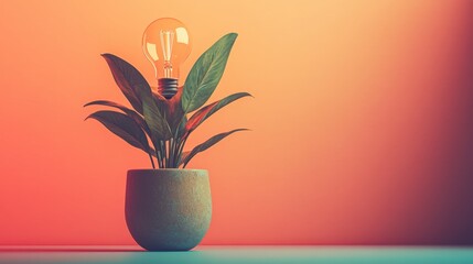 Lightbulb grows from potted plant against one color background in bright studio setting showcasing minimal design elements
