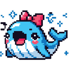 Cute Animated Pixel Whale with Bow and Sparkles - Retro Game Style