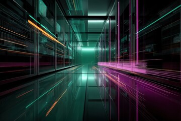 Futuristic Data Center with Colorful Light Trails in Dark Environment
