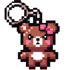 Pixel Art Teddy Bear Keychain with Pink Bow - Adorable Retro Design