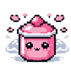 Obraz premium Cute Pink Dessert Pixel Art with Kawaii Face and Hearts