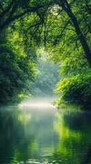 Fototapeta premium Serene river mist, lush green foliage, tranquil scene.