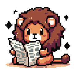 Fototapeta premium Cute Pixel Art Lion Reading a Newspaper Illustration for Nostalgic Design