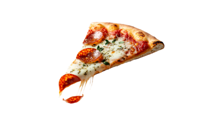 Template with delicious tasty slice of pepperoni pizza flying on white background. Generative AI