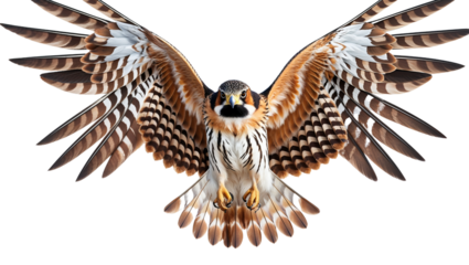 Amur falcon spreads wings in flight against a black background