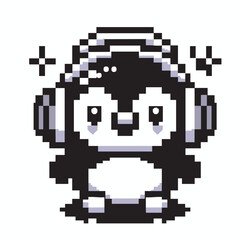 Fototapeta premium Pixel Art Penguin Listening to Music with Headphones