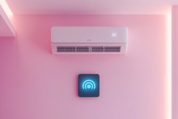 Air conditioner unit with smart home control panel on a pink wall of a room