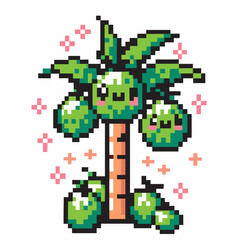 Fototapeta premium Pixel Art Coconut Palm with Smiling Faces and Pink Flowers