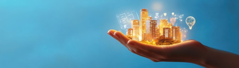Cityscape held in hand symbolizing urban development and technological connection
