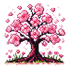 Cherry Blossom Pixel Art Tree with Falling Petals - Vibrant Retro Pixel Art Illustration