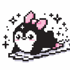 Fototapeta premium Cute Pixel Art Penguin with Pink Bow Illustration