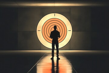 Person silhouetted against a bullseye target on a wall in a stark empty room