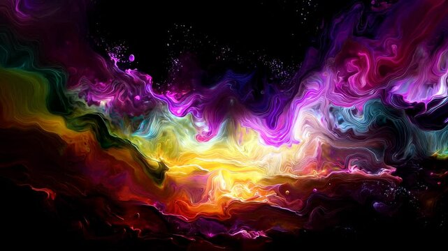 Vibrant abstract nebula artwork with swirling rainbow colors in fluid motion, glowing with cosmic energy and celestial patterns over a black space-like background, fantasy art design


